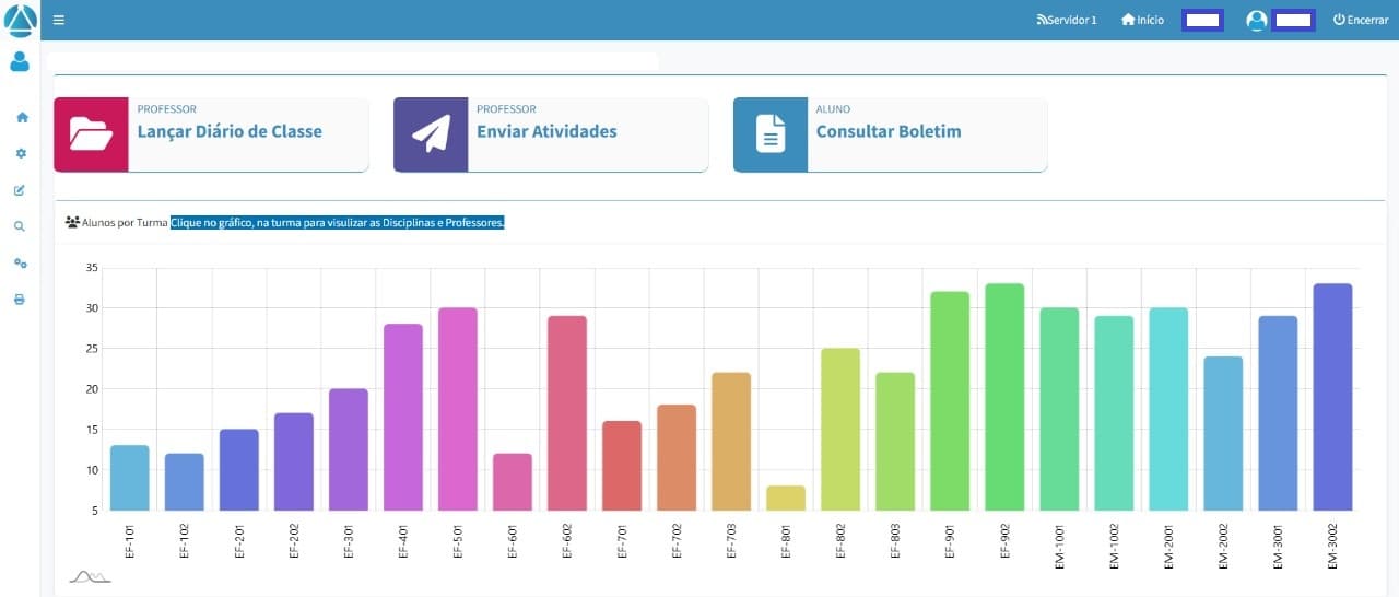 Painel administrativo do Web Academic com diário de classe, atividades e boletim