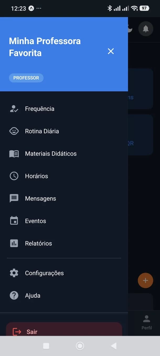 Menu do aplicativo Academic