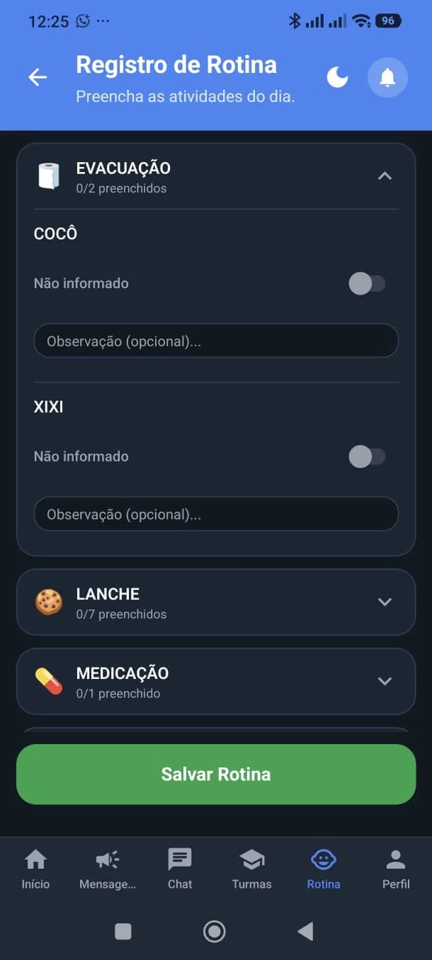 Registro da rotina no aplicativo